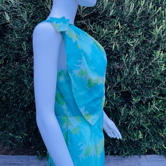 Vintage Blue Green Dress With Shoulder Bow - Picture 9 of 11